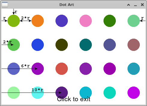 six by four grid of randomly colored dots annotated with sizing
