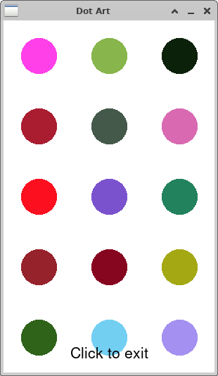 a five-by-three grid of colored dots with radius 25