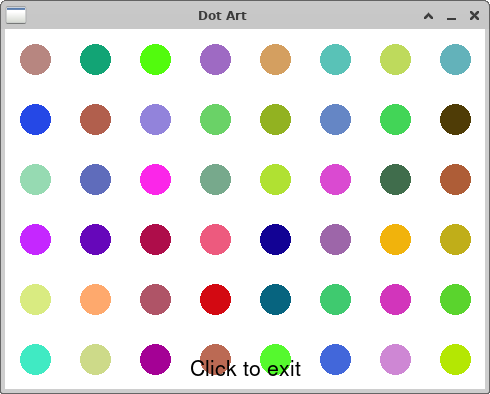 a six-by-eight grid of colored dots with radius 15