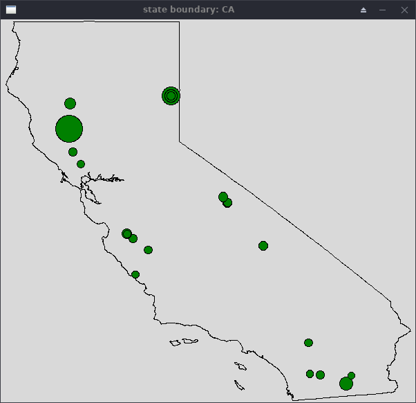 Map of California with circles to indicate earthquake locations.