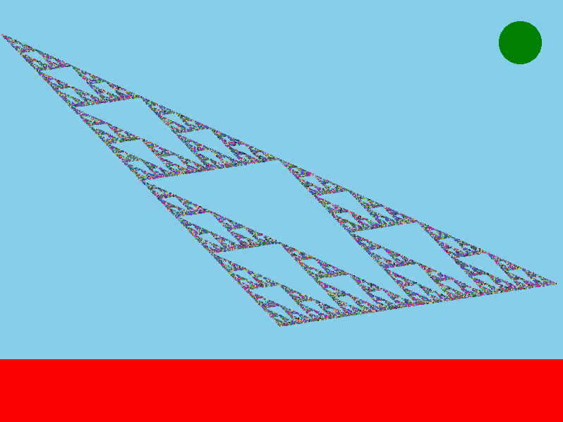 A drawing with differently colored dots and an irregularly shaped triangle
