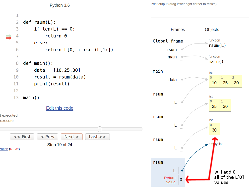 recursive sum stack frames