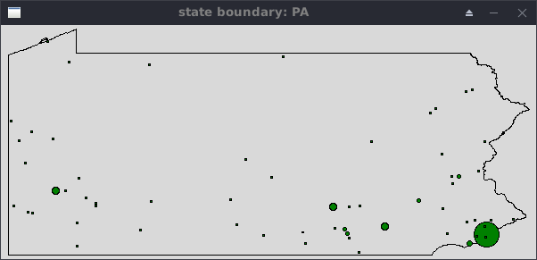 Map of Pennsylvania with circles to indicate fatal police shooting locations.  Larger circles represent more shootings at that location.