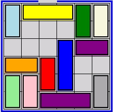 An example of the traffic jam game. A collection of cars are positioned horizontally and vertically on a 6 by 6 grid. The goal is to find a way for the red car to exit the grid. The red car is always positioned vertically in the exit column.