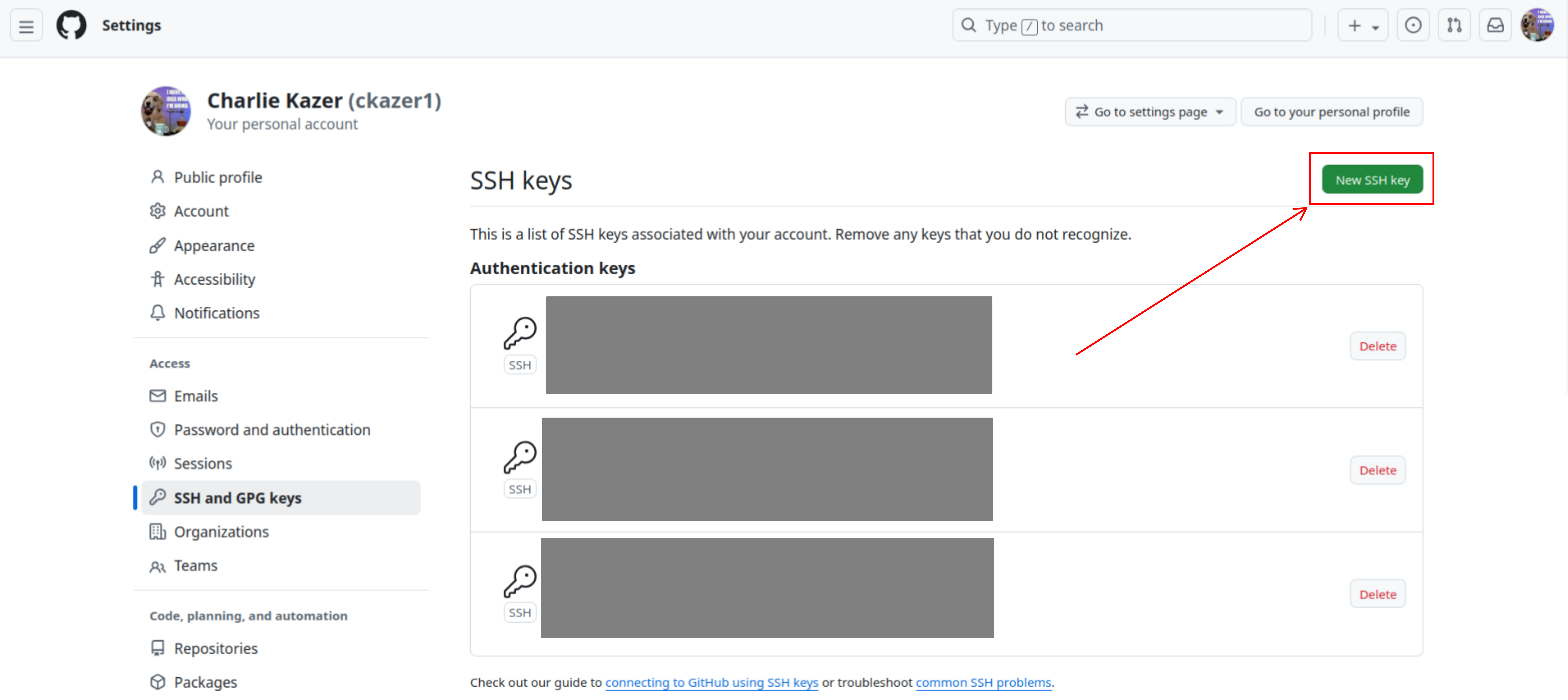 GitHub position of New SSH Keys