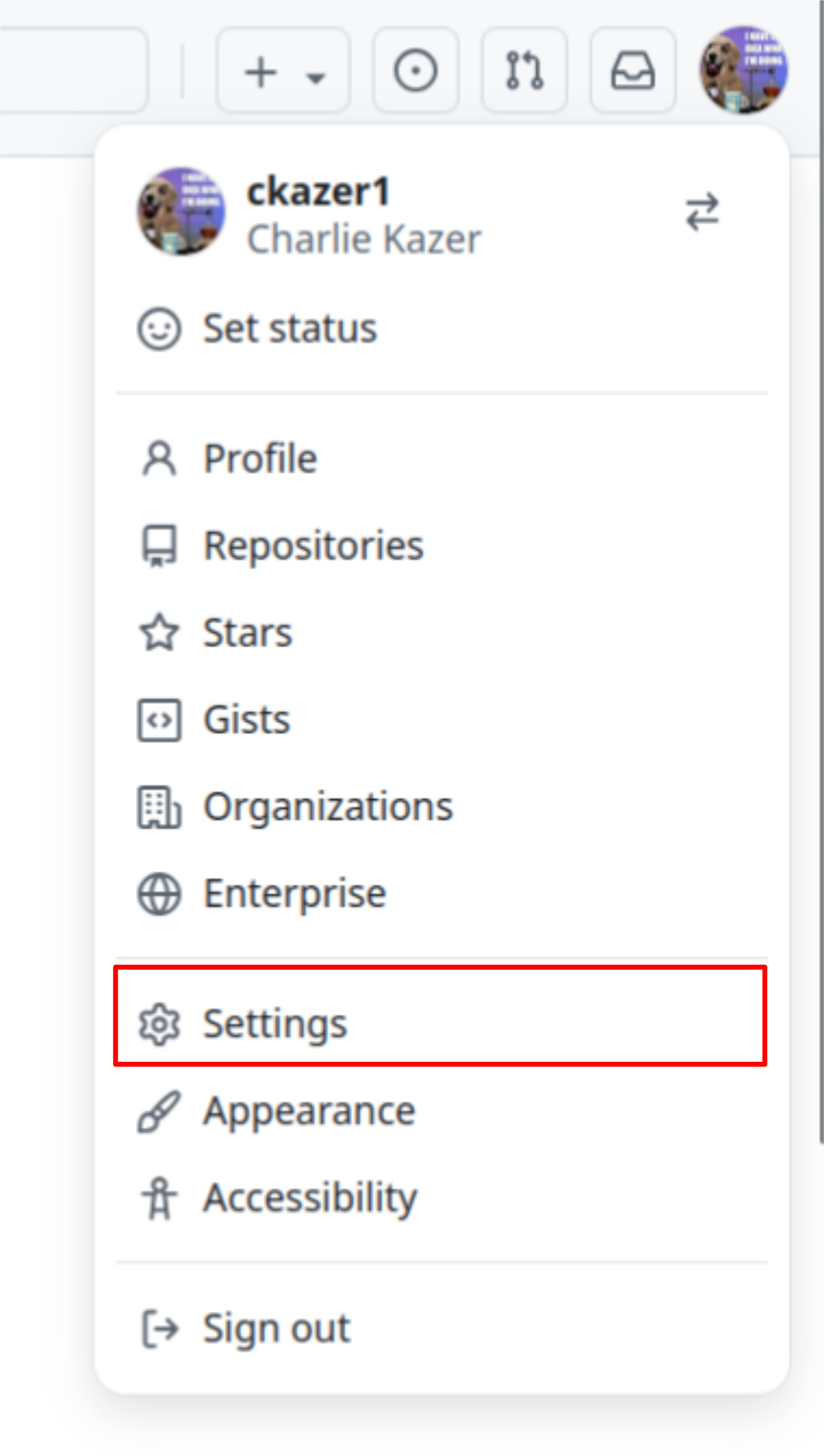 GitHub position of settings button