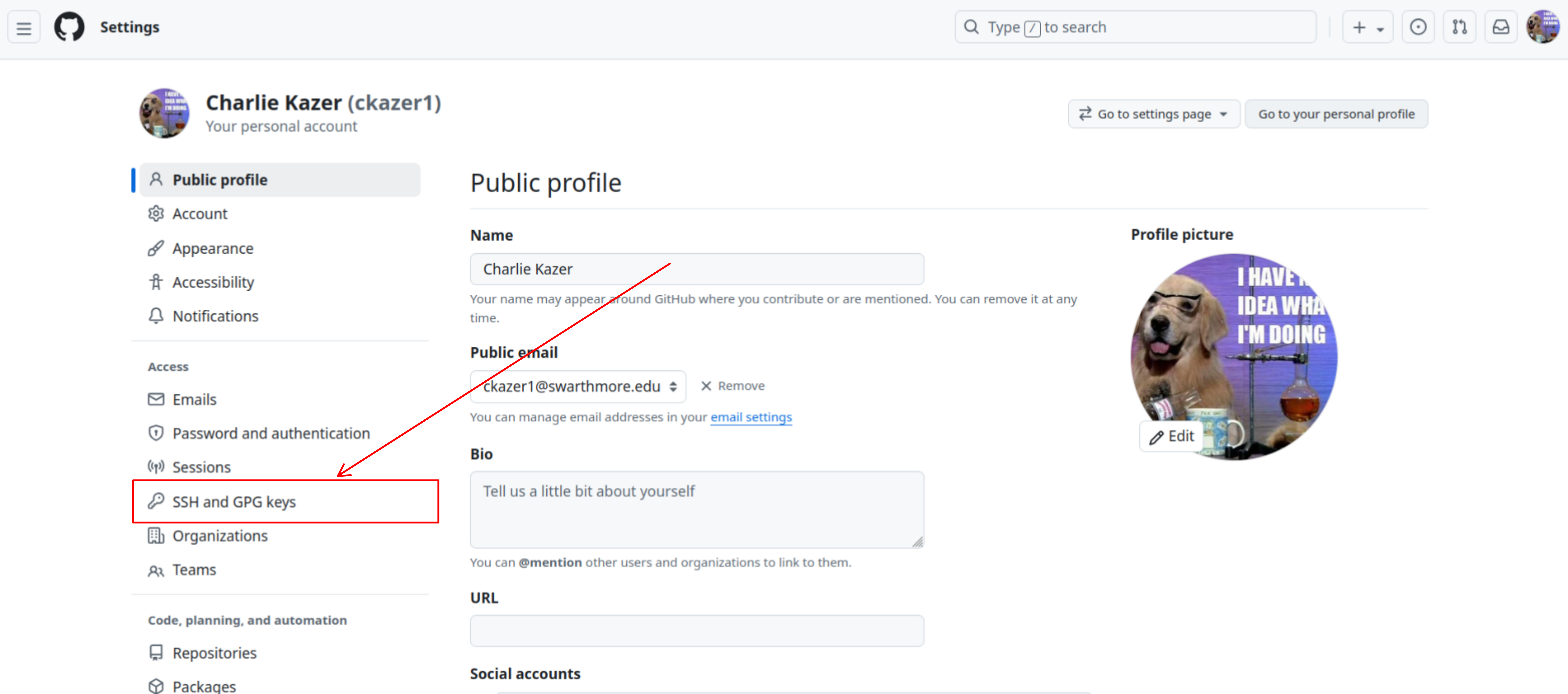 GitHub position of SSH and GPG Keys