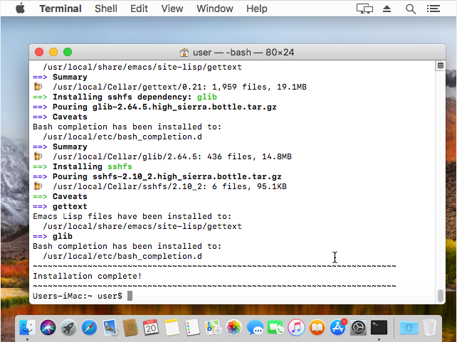 "mac terminal installation complete