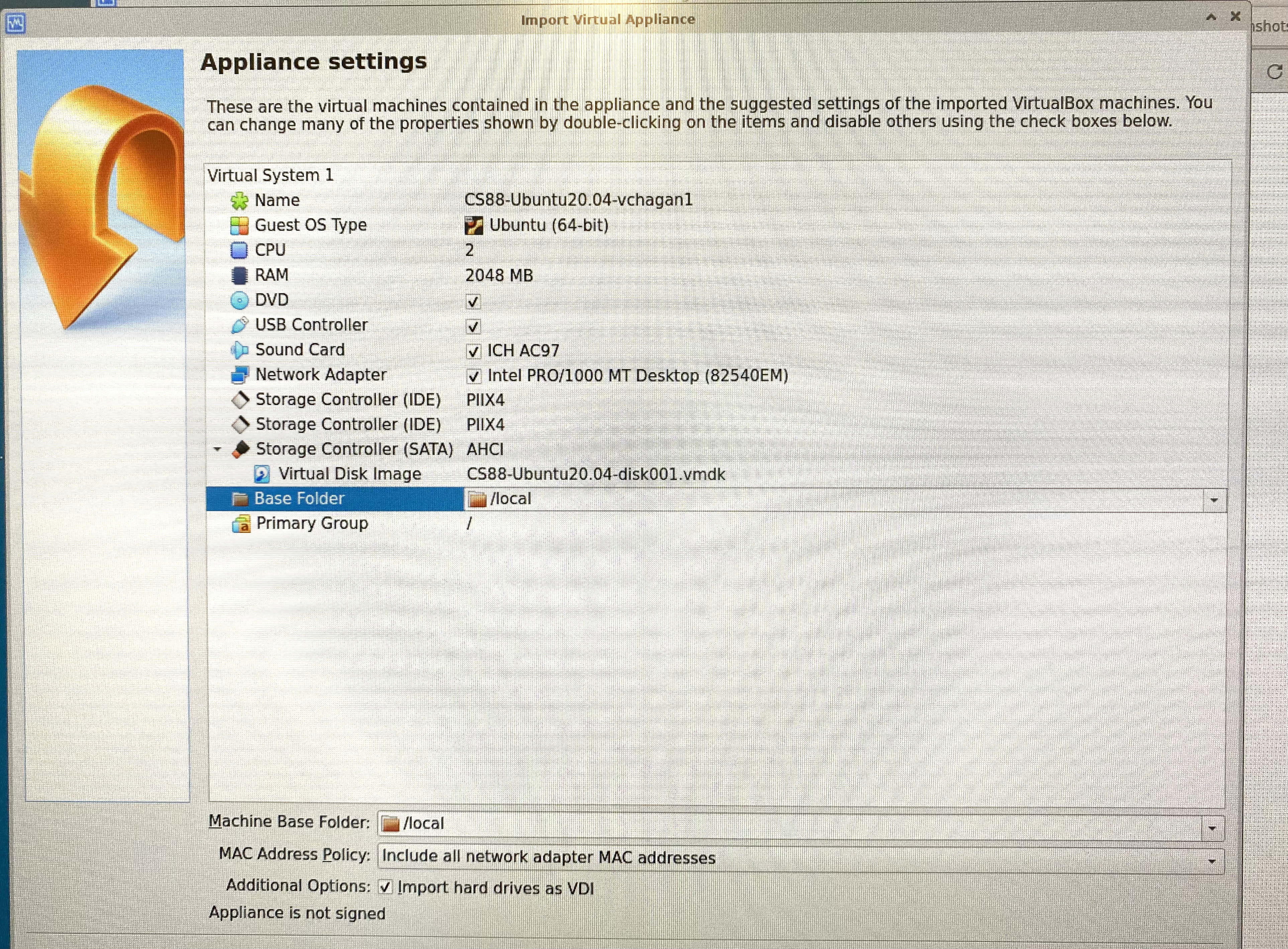 Figure showing VirtualBox Appliance Settings.500