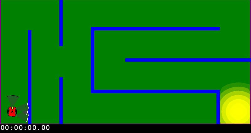A robot in a maze. The maze is rectangular in shape with the robot in the lower left corner.  The goal is for the robot to find a light source in the right corner.