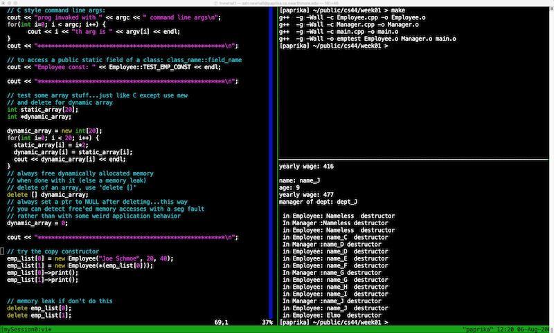 tmux example with 3 panes