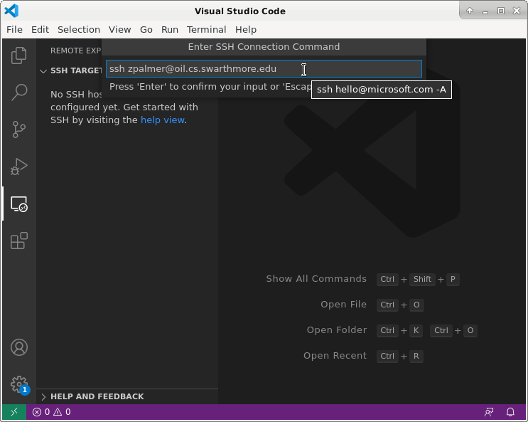 Entering a connection command into the Remote Explorer