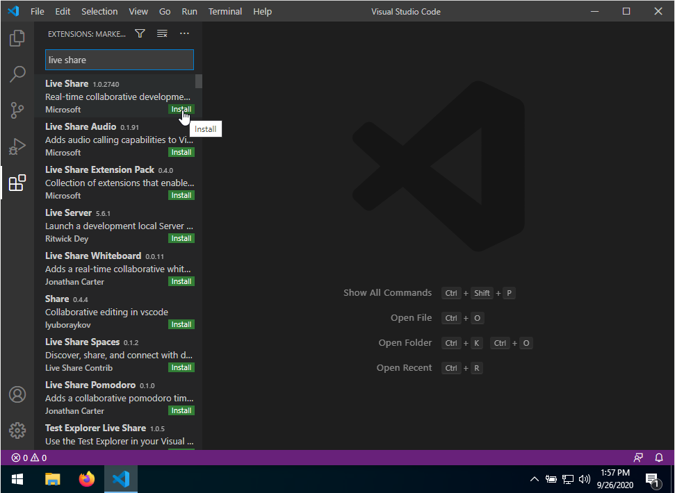 vscode setup extensions install liveshare